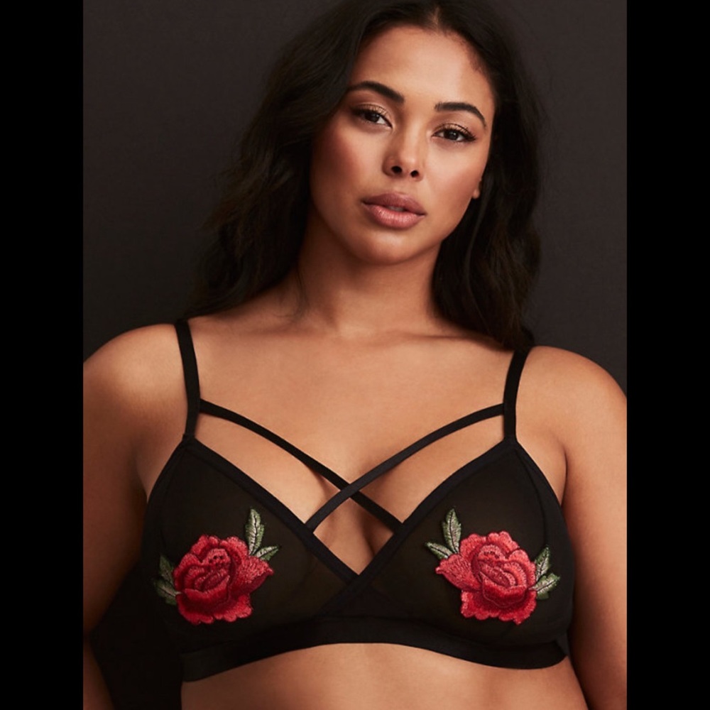 Torrid rose appliqué mesh strappy bralette
